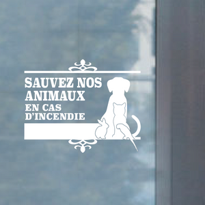 Autocollant blanc pour porte ou fenêtre – Sauvez nos animaux en cas d’incendie modèle 2 – à personnaliser